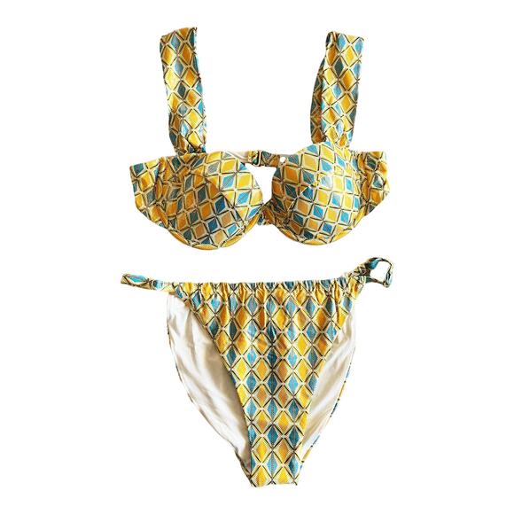 WEWOREWHAT Metallic Geo Bikini Set Ruched Bottom Claudia Top Orange Blue Large